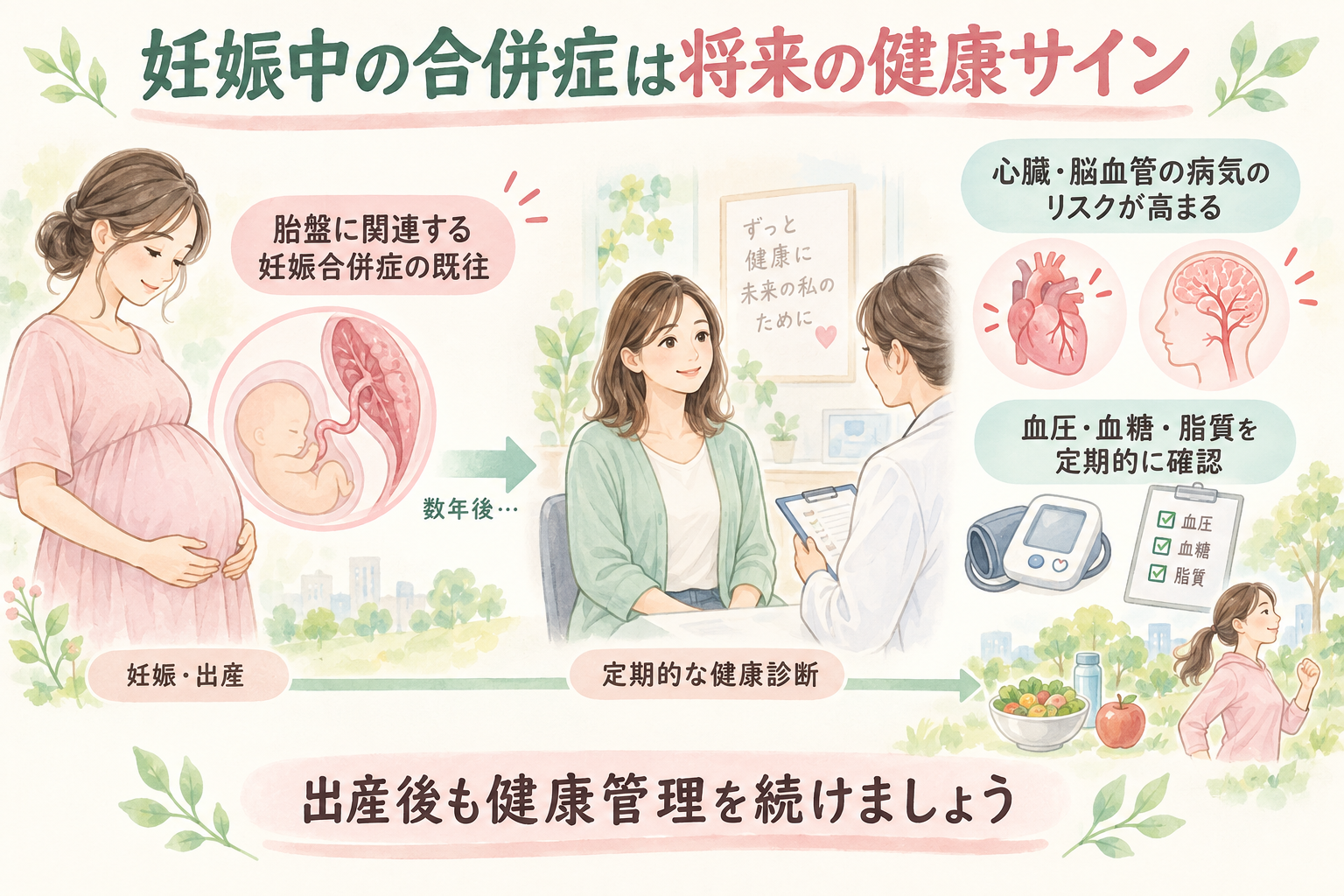 妊娠中の合併症が将来の母体の健康サインになることを示す図