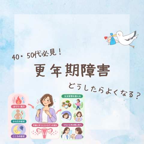 更年期障害の症状と対策をまとめたイラスト。ほてり発汗などの体の症状、エストロゲンの減少、生活習慣や婦人科受診の大切さを示す図