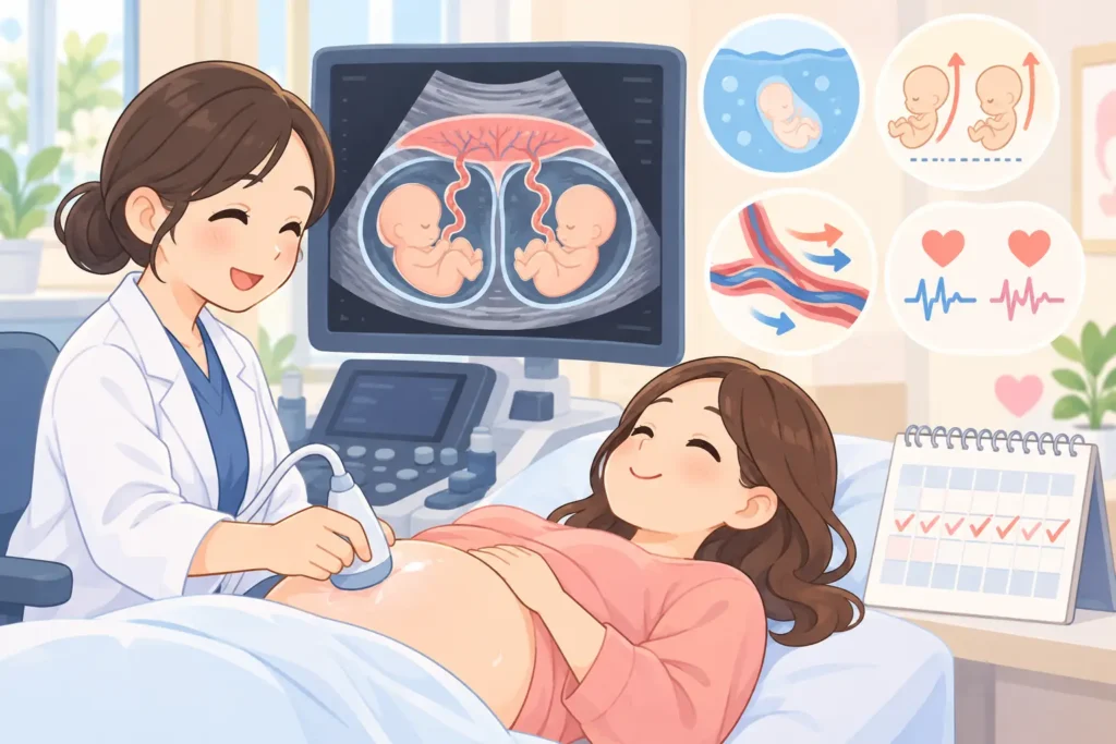 MD双胎の妊婦健診で超音波検査を受ける妊婦さんと、羊水量・発育・血流・心拍の確認項目のイラスト