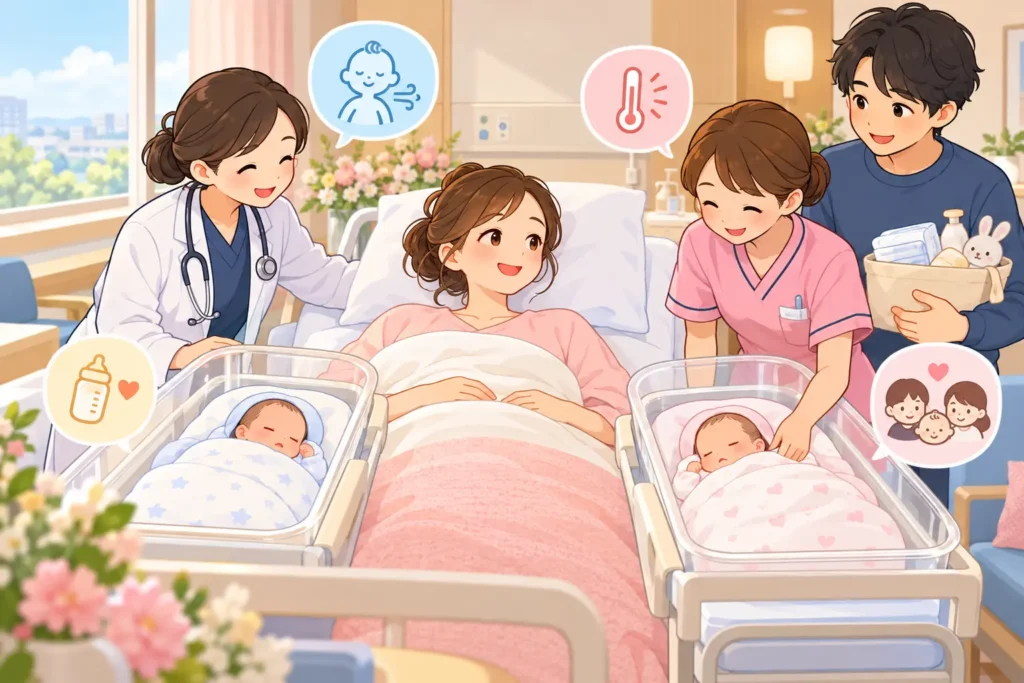 MD双胎の出産後、双子の赤ちゃんと家族・医療スタッフのイラスト