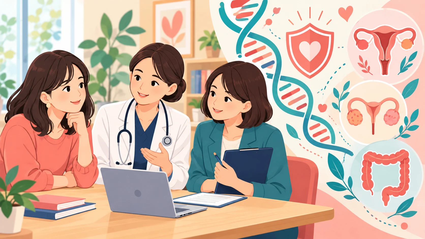 リンチ症候群について医師と遺伝カウンセラーに相談する女性と、DNA・子宮・卵巣・大腸のイラスト