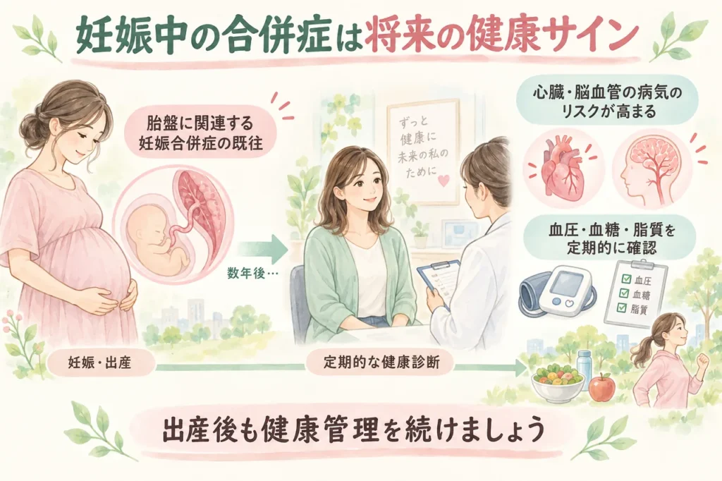 妊娠中の合併症が将来の母体の健康サインになることを示す図